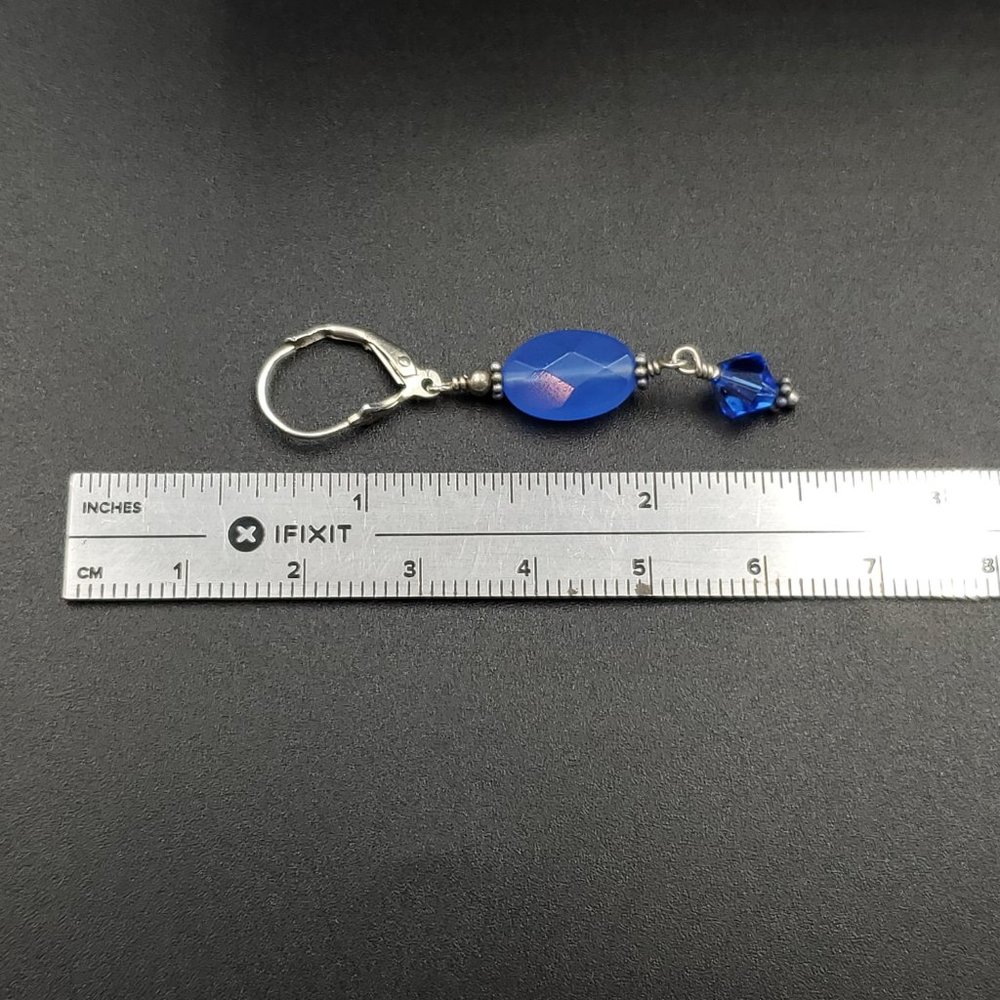 Sterling Silver Faceted Blue Glass And Crystal Long Earrings - Picture 3 of 4